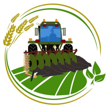 Tarımsal traktörün tarlada toprak sürüşünün vektör çizimi. Modern tarım kavramı, toprak hazırlama ve yetiştirme. Tarımda kullanılan tarımsal makinelerin gösterimi.