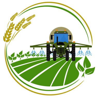 Buğday sapları ve yeşil yapraklarla çerçevelenmiş bir tarladaki ekinleri spreyleyen bir traktörün vektör çizimi. Modern ürün bakımı kavramı.