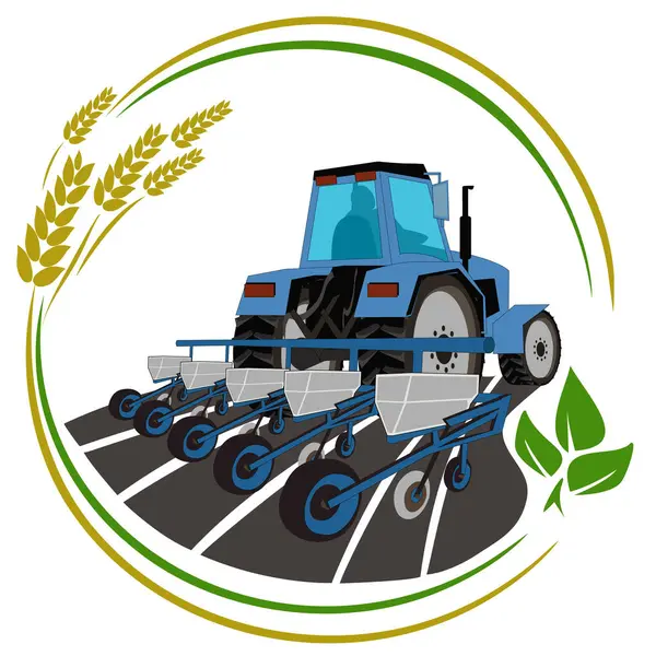 Vektör çizimi, mavi traktör tohum ekimi. Ekme sırasında tarım makineleri. Modern tarım teknolojisi kavramı. Tohum ekicili traktör sahada.