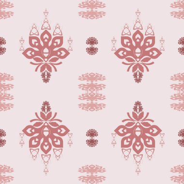Gelenek ve modernliğin birleşimi, bu pürüzsüz etnik desen zarif bir estetik için pastel pembeye çevrilmiş dekoratif çiçek motifleri, folklorik işlemeler ve süslü desenler içerir..