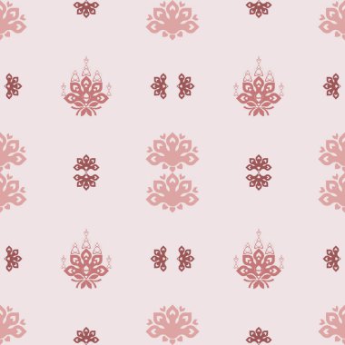 Çiçek nakışı ve kabile motifleriyle boho desenli yumuşak pastel pembe renklerle karışık Hint baskıları, tekstil, moda ve dekor için mükemmel..