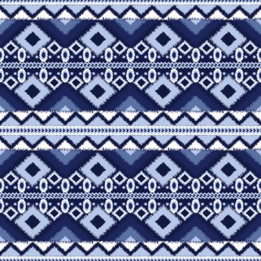 Mavi kot ve mavi taşta kusursuz desenler var. Geometrik dizayn ve tekrarlanan bohem baskısı. Moda, kumaş, gömlek, ev dekorasyonu, giysi ve sari için mükemmel modern bir kabile tekstili..