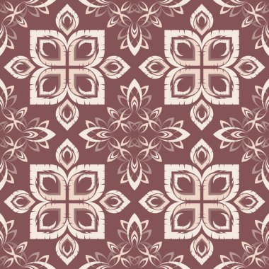 Kestanenin üzerinde bej renginde kraliyet döneminden kalma çiçeksiz desenler. Etnik, bohem ve yumuşak toprak tonuyla kabile tasarımı. Moda, tekstil, giysi ve modern dekor için harika.