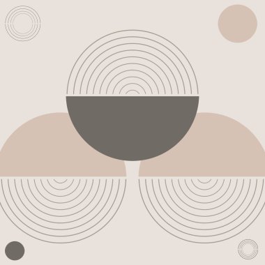 Bu boho minimal tasarımı soyut daireler ve kömür taupe, soluk mocha katmanlı modern kemerler içerir ve toz bej bir taban üzerinde taş, sakin, zen ve yumuşak minimal estetik ifade eder.