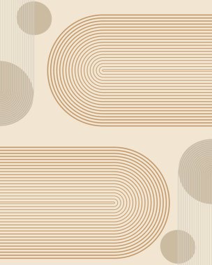 Bu dünyevi boho minimal tasarımı soyut daireler ve modern kemerleri sıcak taş bej ve yumuşak taupe ile harmanlıyor, doğal nötr bir desen içeriyor, kil tonlarıyla, tozlu gül vektörü ve minimalist geometri ile geliştirilmiş..