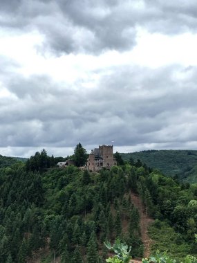 Arras Kalesi ya da Alman Arras Burg ile birlikte Mosel Vadisi yakınlarındaki tepenin tepesinde yeşil orman manzarasının dikey fotoğrafı. Bu 1000 yıllık şato bugün otel turistlerini ağırlıyor..