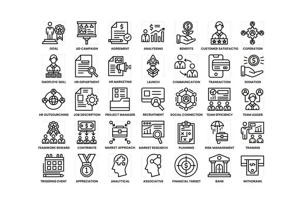 Business human resources icons for presentations, websites, and marketing materials related to recruitment, teamwork, leadership, and management symbols