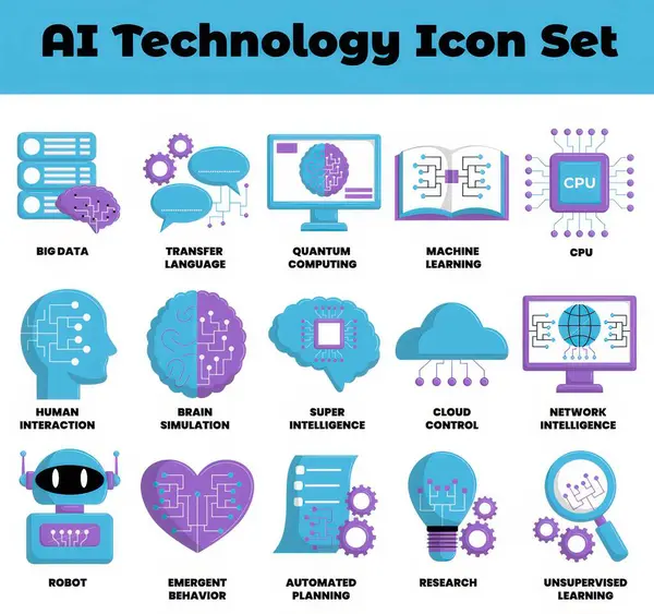 Web siteleri, sunumlar ve modern temalı dijital tasarım projeleri için mükemmel sembollere sahip Ai teknoloji simgesi seti