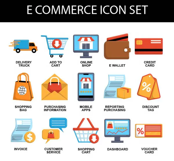 Ticari simge çevrimiçi alışverişin çeşitli yönlerini tasvir ediyor. Web sitesi tasarımı, sunumlar, bilgi grafikleri ve dijital pazarlama materyalleri için uygundur