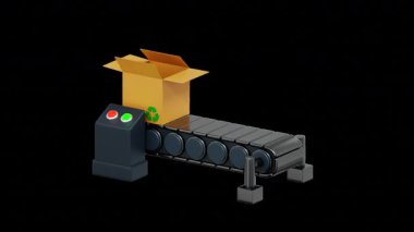  Kontrol paneliyle birlikte konveyör bandında canlandırılmış karton kutu. Endüstriyel otomasyon, lojistik, imalat, ambalaj ve teknoloji temaları için mükemmel.