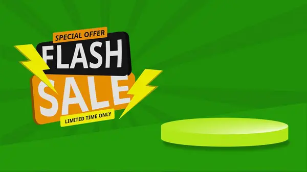Yeşil arka planda flaş satış afişi ve reklam reklamları, pazarlama kampanyaları, dijital satış etkinlikleri için uygun yeşil podyum