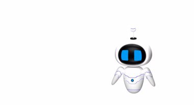 Mavi gözlü animasyon beyaz robot izleyicileri karşılıyor ve soruları davet ediyor. Teknoloji, müşteri hizmetleri, sohbet robotları ve sanal yardım kavramları için mükemmel.