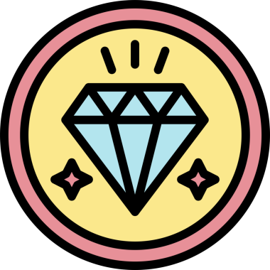 Elmas ve prim kelimesiyle sarı daire. Lüks, özel markalaşma, yüksek kaliteli ürünler, sertifikalar, ödüller, VIP hizmetleri için uygun