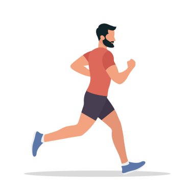 Koşan adam. Spor, sağlıklı yaşam tarzı, kilo kaybı. Düz bir şekilde vektör illüstrasyonu. Beyaz arkaplanda izole.