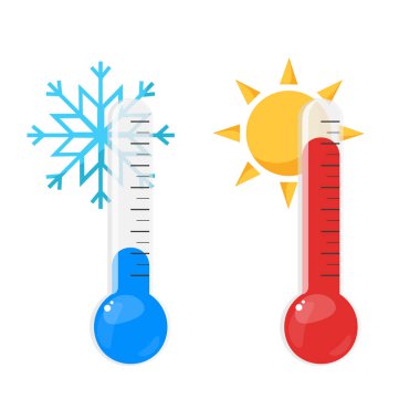 Sıcak ve soğuk termometreleri güneş ve kar sembolleriyle yönlendir. Celsius ve Fahrenheit. Düz biçimli vektör illüstrasyonu.
