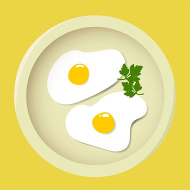 Kahvaltı için çırpılmış yumurta ve yeşil tabakta sade bir şekilde. Düz biçimli vektör illüstrasyonu.