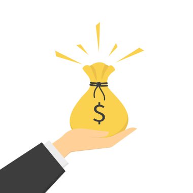 Elinde siyah ipli sarı altından bir para çantası. Beyaz zemin üzerinde düz bir şekilde vektör illüstrasyonu. Çizgi film tarzında..