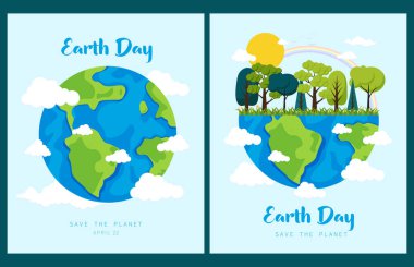 Dünya günün kutlu olsun. Gezegeni kurtar. Ekoloji ve çevre koruma. Kartpostal olarak ya da baskı için kullanılabilir. Çizgi film tarzında vektör illüstrasyonu. Koleksiyon, vektör çizimleri kümesi.