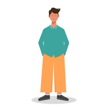 Adam ellerini cebine sokuyor. Adam, genç, yeşil tişörtlü ve gözlüklü adam. Beyaz bir arka planda izole edilmiş. Çizgi film tarzında vektör illüstrasyonu.