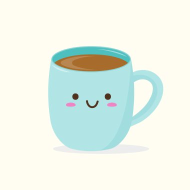 Gülümseyen sevimli, komik Kawaii kahvesi. Mavi kawaii bardağı emojisi. Arka planda izole edilmiş. Çizgi film tarzında vektör illüstrasyonu.