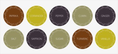 Baharat organizatörü çıkartma seti. Baharatlar için yiyecek etiketleri. İşaretleme etiketleri. Renkli arka planlı baharat çıkartmaları. Vektör illüstrasyonu