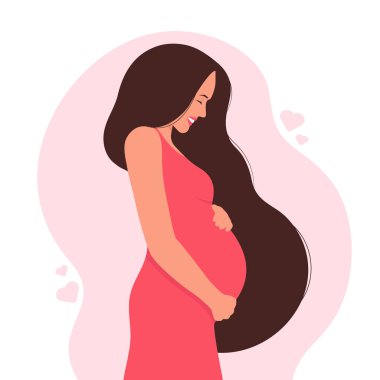 Uzun saçlı, mutlu, hamile bir kadının vektör çizimi. Çizgi film tarzında vektör illüstrasyonu. Beyaz bir arkaplanda izole edilmiş.