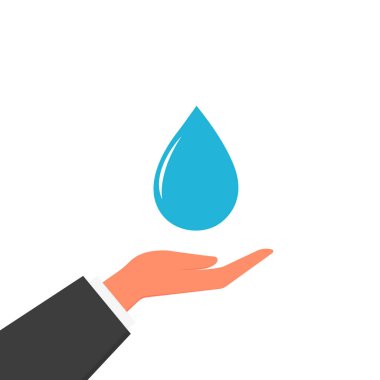 Düz bir şekilde vektör illüstrasyonu. Beyaz bir arka planda izole edilmiş. Eline bir damla su..