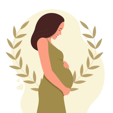 Hamile bir kadın karnına sarılıyor. Müstakbel anne. Düz bir şekilde vektör illüstrasyonu. sağlık hizmeti kavramı.