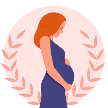 Mutlu hamile kadın karnına sarılıyor. Müstakbel anne. Düz bir şekilde vektör illüstrasyonu. Sağlık hizmetleri kavramı.