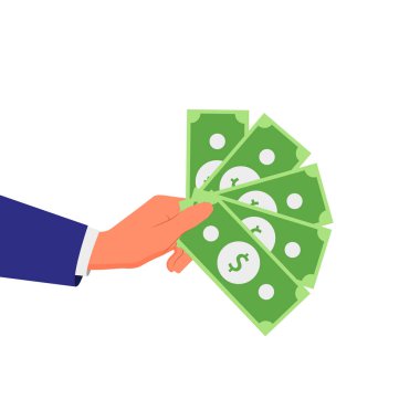 El ele tutuşup para. Banknotlar, dolar, iş. Vektör çizimi. Beyaz arkaplanda izole.
