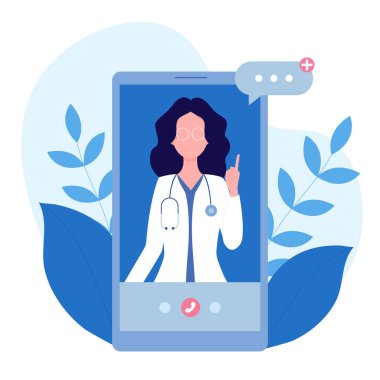 Gözlüklü kadın doktor. Doktor hatta. Cep telefonu ya da başvuru formu kullanan bir doktora danışıyorum. Çizgi film tarzında vektör illüstrasyonu. Korunma ve ilaç kavramı.