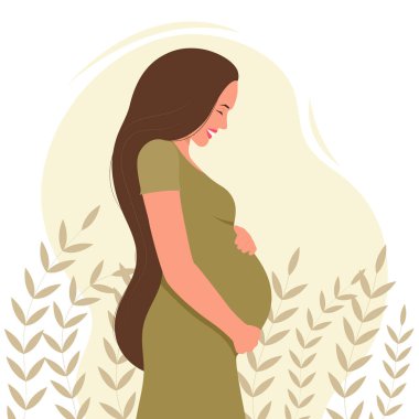 Hamile bir kadın karnına sarılıyor. Hamilelik, sağlık konsepti. Düz bir şekilde vektör çizimi. beyaz arkaplanda izole.