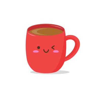 Gülümseyen sevimli, komik Kawaii kahvesi. Kırmızı kawaii bardağı emojisi. Arka planda izole edilmiş. Çizgi film tarzında vektör illüstrasyonu.