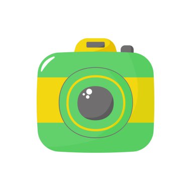 Beyaz arka planda izole edilmiş yeşil çizgi film kamerası. Düz bir şekilde vektör illüstrasyonu. Kamera simgesi.