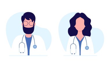 Bir kadın ve erkek doktorun vektör çizimleri. Aile doktorları. Sağlık hizmeti konsepti. Düz biçimli vektör illüstrasyonu.