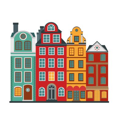 Stockholm 'deki eski binaların vektör çizimi. Beyaz bir arkaplanda izole edilmiş.