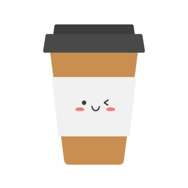 Tatlı plastik paket Kawaii kahve fincanı. Düz bir şekilde vektör illüstrasyonu. Beyaz arkaplanda izole.