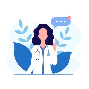Genç bir doktor bir fikri parmağıyla gösterir ya da uyarır. Konsept - doktor, sağlık hizmeti. Çizgi film tarzında vektör illüstrasyonu.