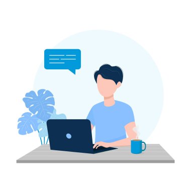 Ofiste dizüstü bilgisayarda bir fincan kahveyle çalışan genç bir adam. Düz çizgi film tarzında vektör çizimi. Beyaz arkaplanda izole edilmiş..