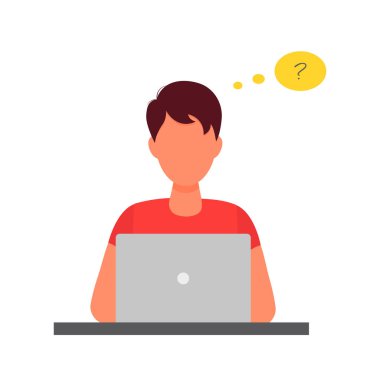 Kafası karışmış bir adam dizüstü bilgisayar ve soru işaretleriyle oturuyor. Düz bir şekilde vektör illüstrasyonu. Beyaz arkaplanda izole.