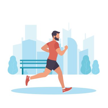 Şehir parkında koşan bir adam. Açık havada antrenman. Spor, sağlıklı yaşam tarzı. Düz vektör illüstrasyonu