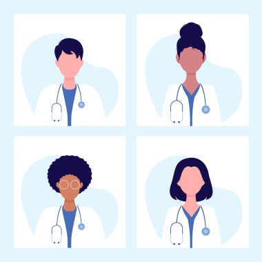 Dört farklı doktorun vektör çizimi. Doktor simgeleri. Düz biçimli vektör illüstrasyonu.