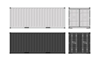Büyük konteynırlar. Siyah beyaz kargo konteynırları. Vektör çizimi. Beyaz bir arkaplanda izole edilmiş.