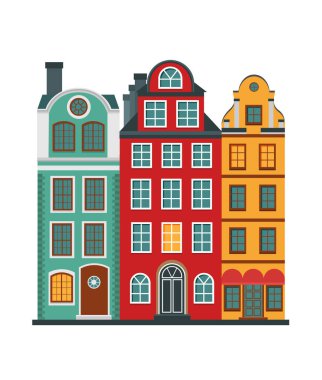 Stockholm 'deki eski binaların vektör çizimi. Beyaz bir arkaplanda izole edilmiş.