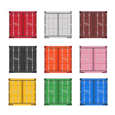 Büyük konteyner kapıları. Farklı renklerde kargo konteynırları. Vektör çizimi. Beyaz arkaplanda izole.