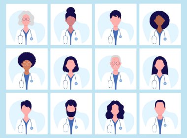 Farklı etnik kökenlere ve yaşlara sahip büyük bir grup doktor. Aile doktorları. Sağlık hizmeti konsepti. Düz biçimli vektör illüstrasyonu.
