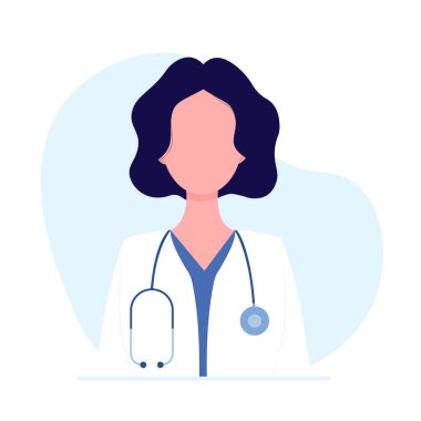 Kadın doktor terapist ya da kısa saçlı eczacı. Steteskoplu bir doktor. Konsept - doktor, sağlık hizmeti. Çizgi film tarzında vektör illüstrasyonu. Beyaz arkaplanda izole.