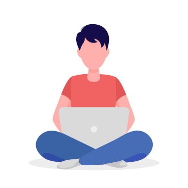 Kısa saçlı Yong Man bilgisayarda oturuyor ve çalışıyor. Düz bir şekilde vektör illüstrasyonu. Beyaz arkaplanda izole.