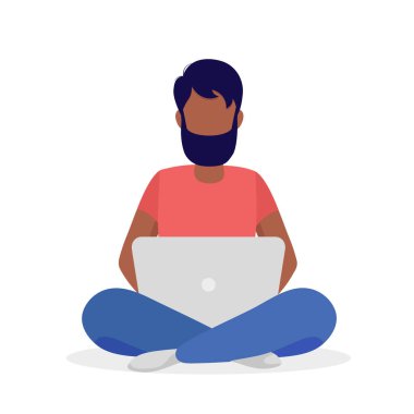 Sakallı bir adam bilgisayarda oturuyor ve çalışıyor. Düz bir şekilde vektör illüstrasyonu. Beyaz arkaplanda izole.