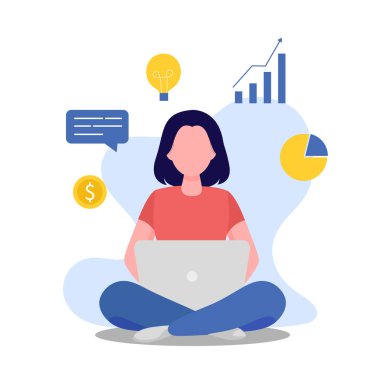 Kısa saçlı kadın bilgisayarda oturuyor ve çalışıyor. Düz bir şekilde vektör illüstrasyonu. Beyaz arkaplanda izole.